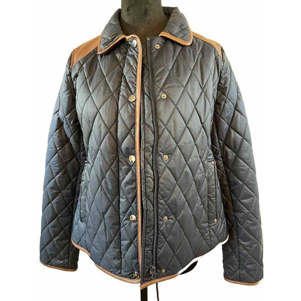 Laura Scott Women's Quilted Jacket Navy Blue‎ Faux Leather Trim Small